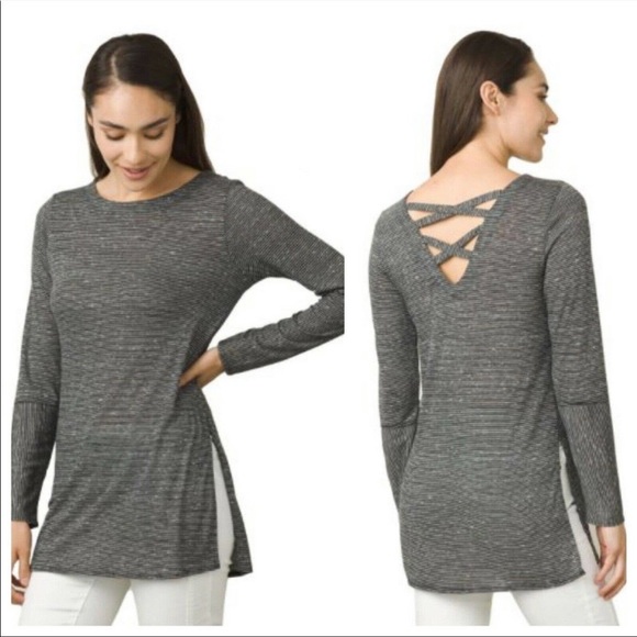 Prana Tops - Prana Esme Cross Back Black Stripe LS Tee Medium